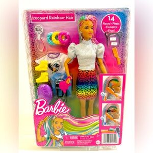 Barbie Leopard Rainbow Hair Doll With Color-Change Hair + 14 Accessories NIB
